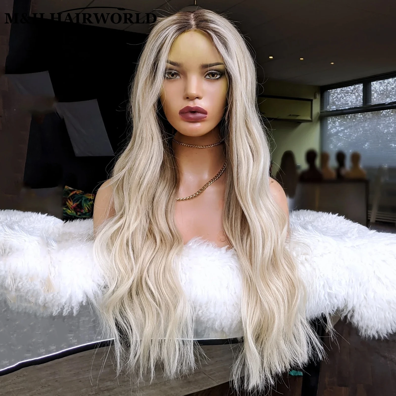 

Light Ash Blonde Highlight Color Lace Front Wigs Slight Wavy Long Synthetic Hair Wig Glueless Frontal Lace Wigs For Women Daily