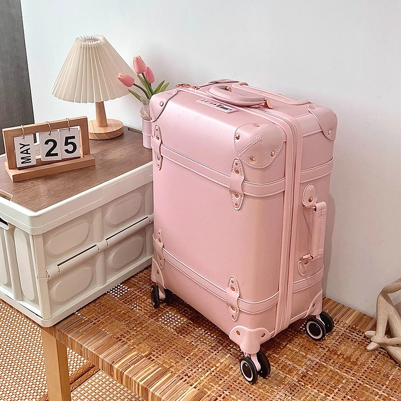 

Vintage Pink Luggage 20" 24" Boarding Advanced Suitcase Rolling Travel Bag 28 inch Trolley Case Academy Girl Bag Suitcases Set