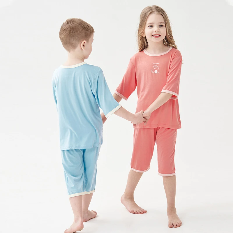 

New 2024 Kids Summer Thin Pajamas Sets Boys Girls Modal Nightwear Three Quarter Sleeves with Pants Children Home Wear 2-12Years
