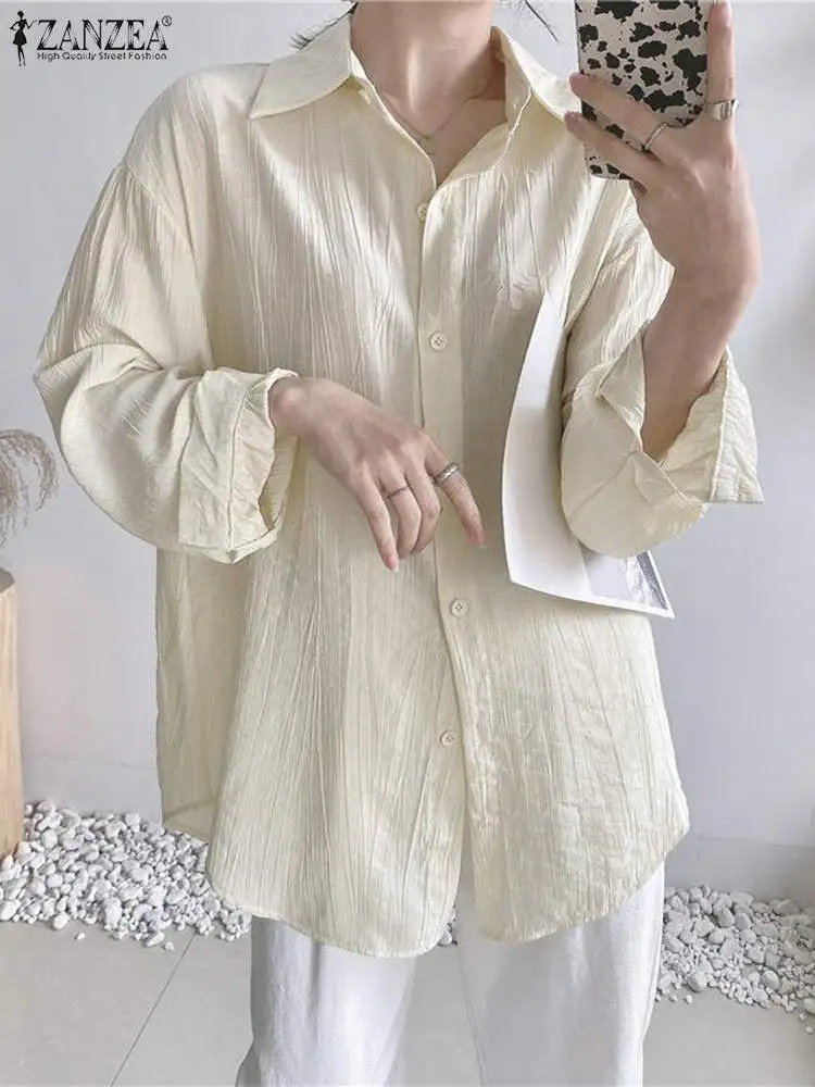 

ZANZEA Women Fashion Blouse Korean Textured Fabric Shirt Casual Long Sleeve Solid Tunics 2023 Autumn Lapel Neck Blusas Oversized