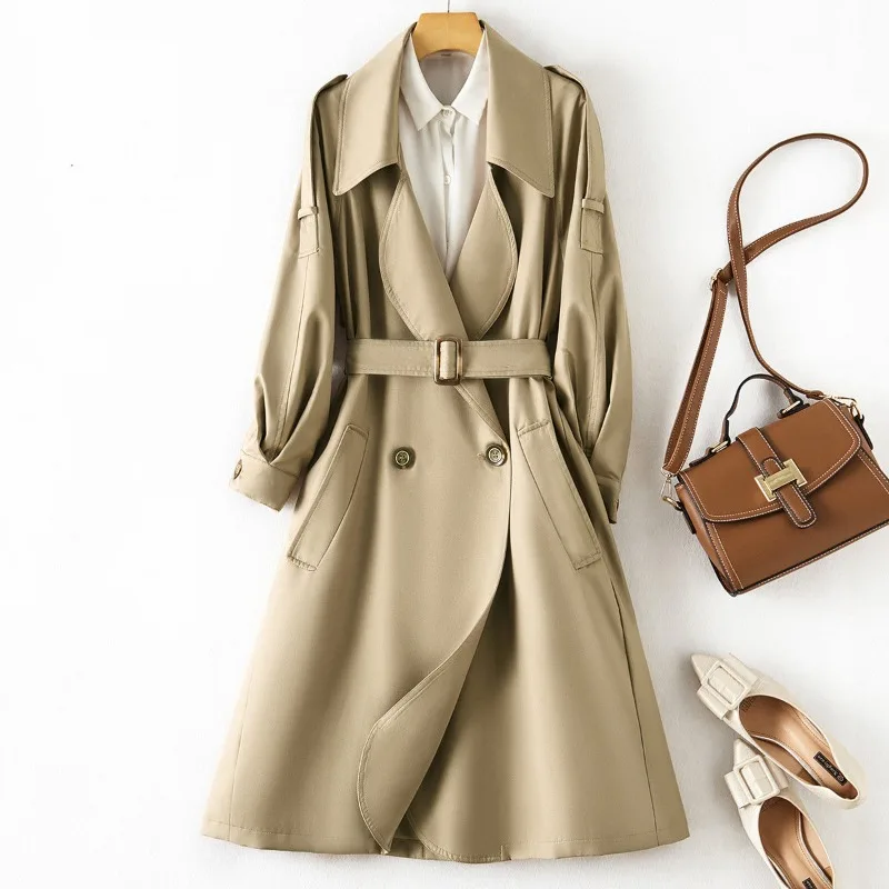 

2023 New Windbreaker Women Autumn Slim Overcoat Temperament Commuting Simple Trench Lapel Jacket Mid Length Version Coat