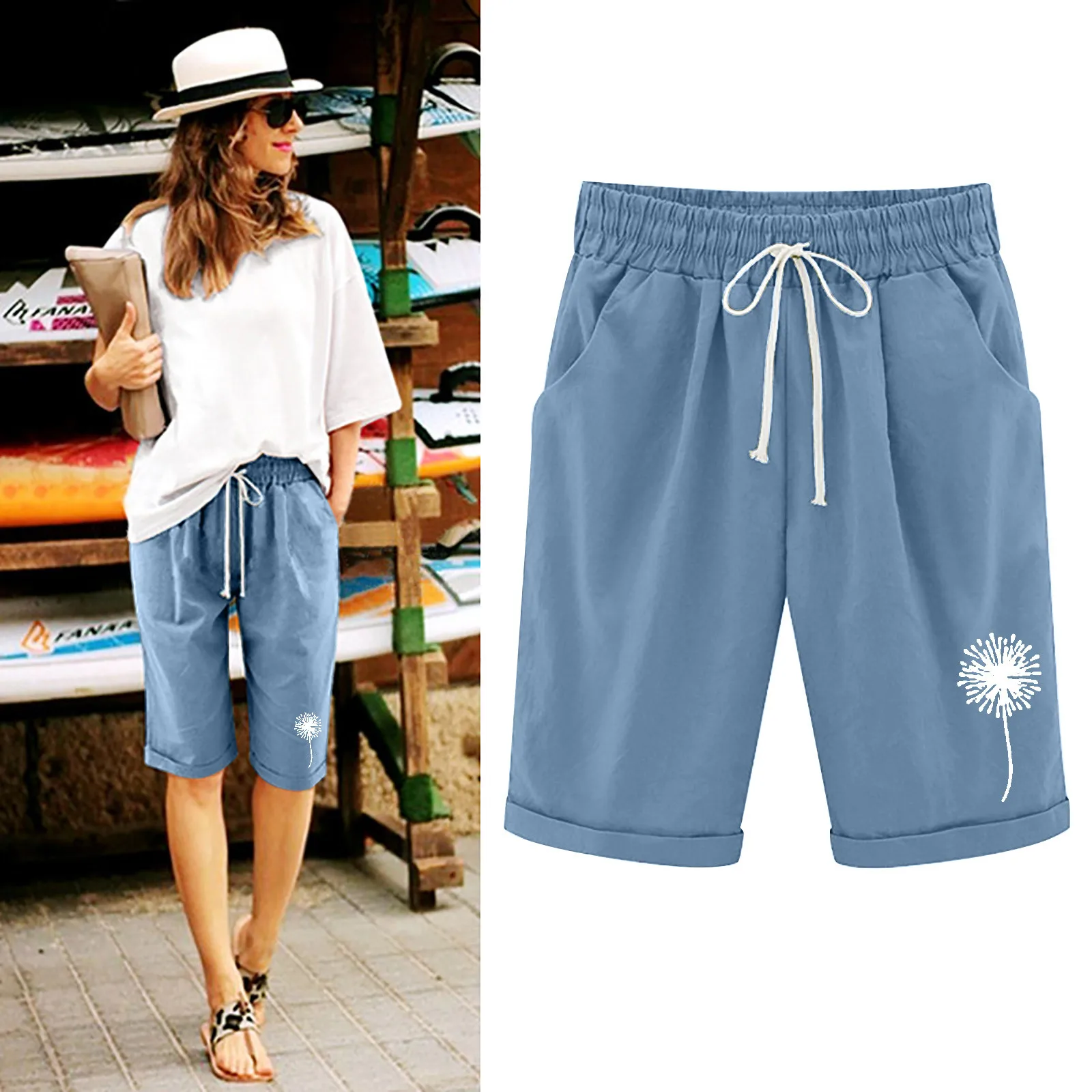 

Summer Loose Casual Women'S Shorts Sports Stretchy Cotton Straight Leg Breathable Sweatshorts Female Dandelion Print Short Pants