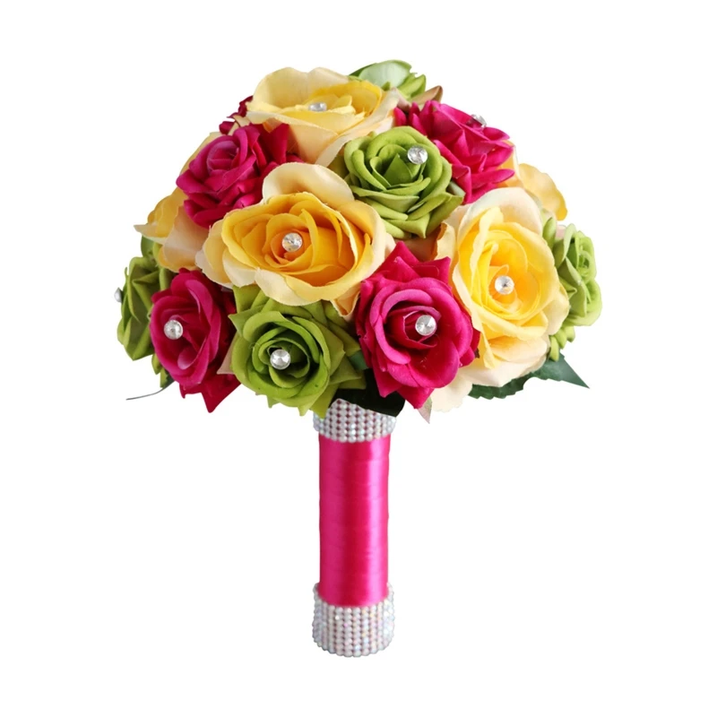 

Artificial Colorful Rose Wedding Bridal Bouquet Romantic Bride Holding Flowers