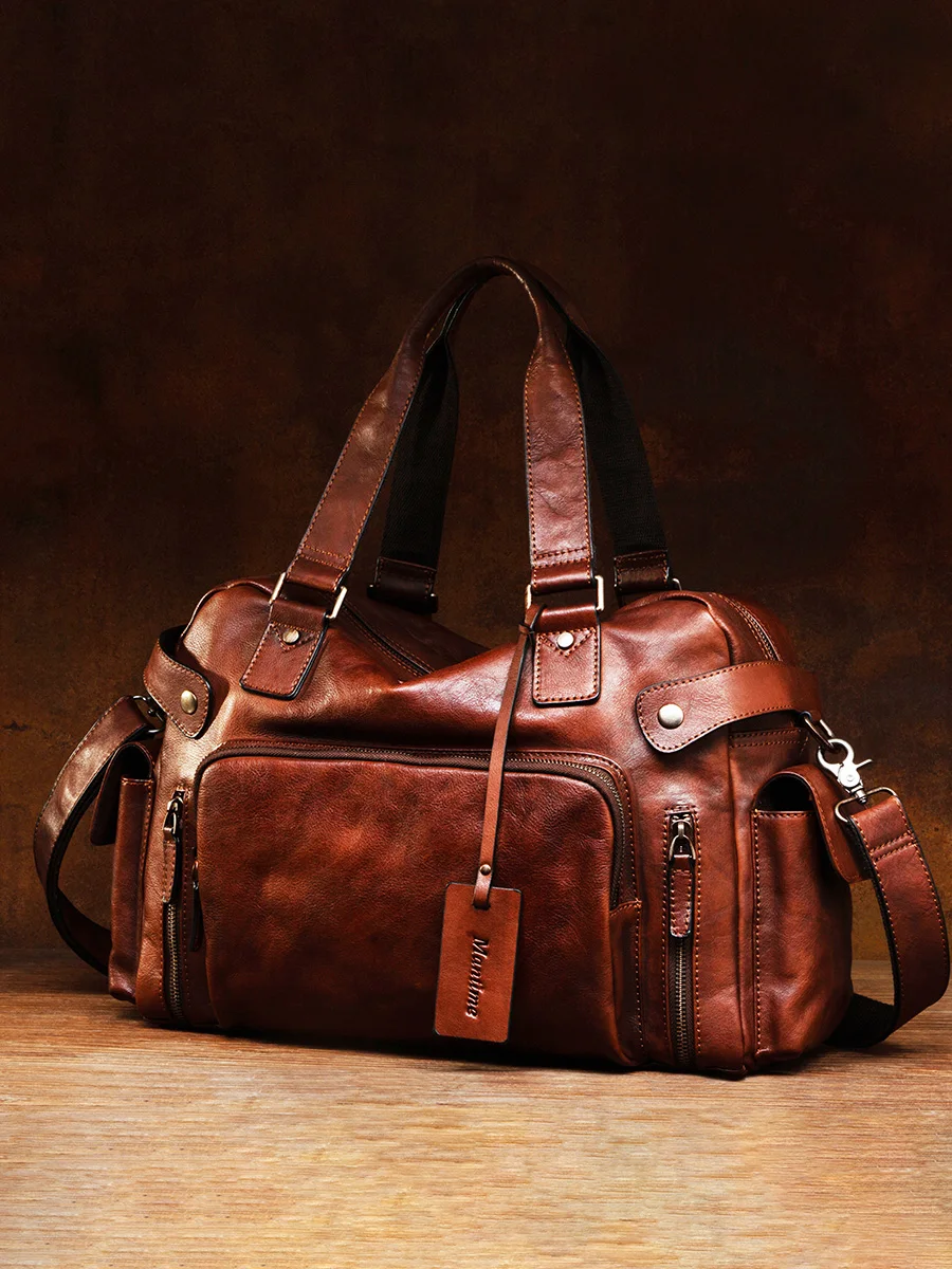 

High Quality Vintage Vegetable Tanned Leather Brushed Men's Bag Casual Shoulder Handbag Travel Luggage Soft Fitness