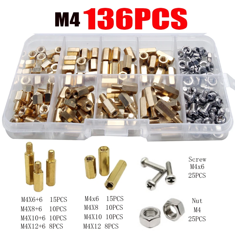 

136pcs M4 Solid Brass Copper PCB Board Hex Hexagon Standoff Pillar Spacer Column Screw Nut Assortment Kit Set