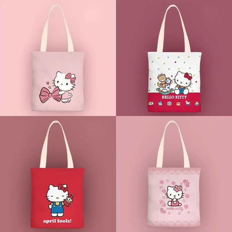 

Новинка, Холщовая Сумка Sanrio Hellokitty, женская сумка через плечо, Повседневная Большая вместительная сумка для покупок, подарок для девушки, милая мультяшная сумка