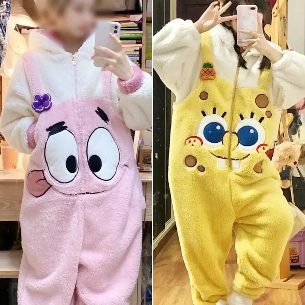 

Cartoon Onesies cute Pajamas Spongebob Squarepants Coral Plush Pajamas Women Winter Patrick Star One Piece Home Thickening Girl