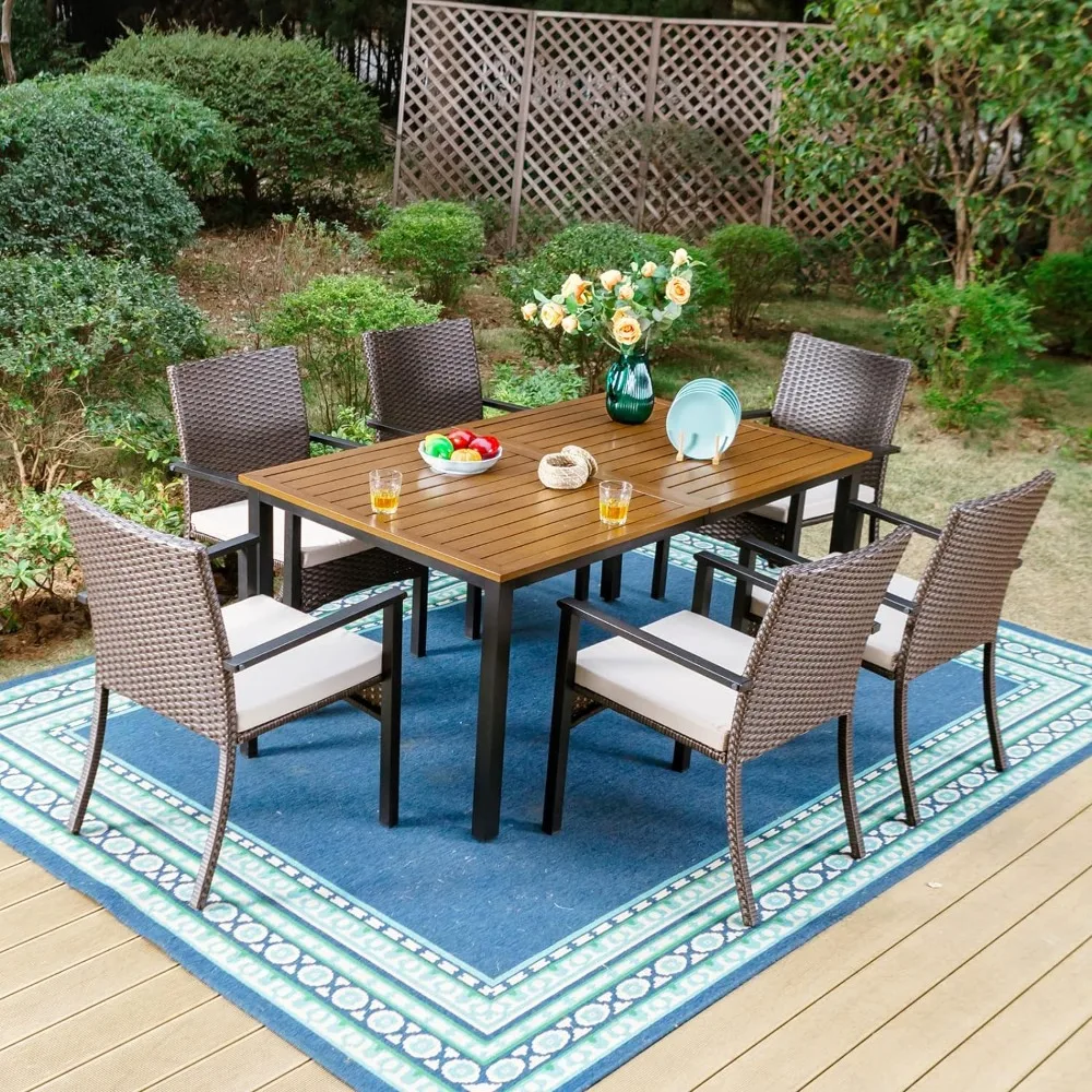 

Metal Outdoor Patio Table Rectangular,Large Slat Tabletop, Adjustable Umbrella Furniture for Porch Teak Outdoor Tables