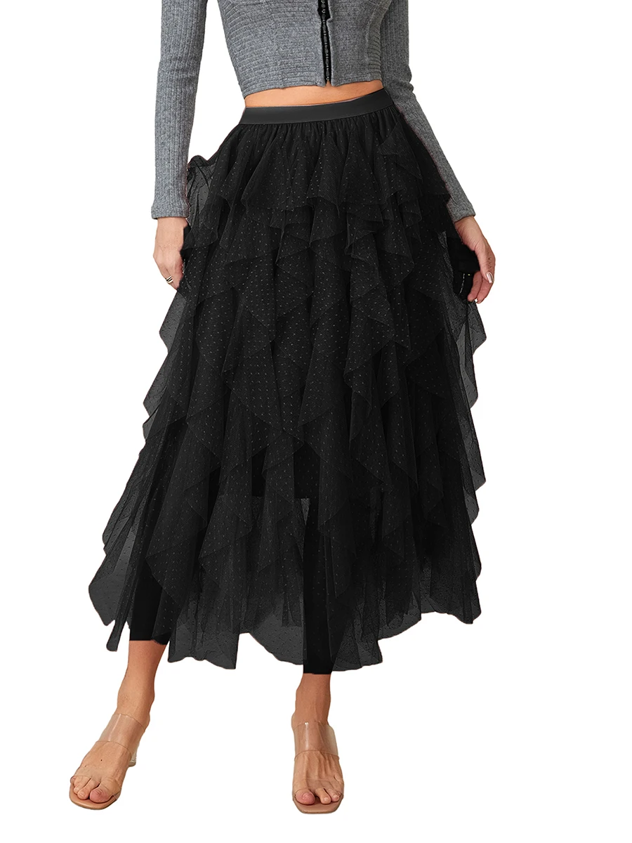 

Women Tulle Skirts High Waist Layered Mini Dot Print A-Line Mesh Skirts Irregular Pleated Midi Skirt Party Y2K Streetwear
