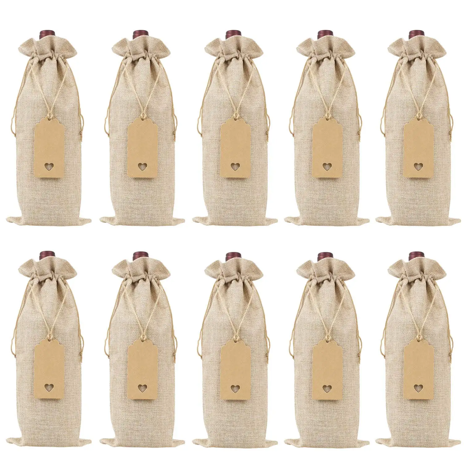 

Burlap Wine Bags Wine Gift Bags with Drawstrings, Single Reusable Wine Bottle Covers with Ropes and Tags (10 Pcs)