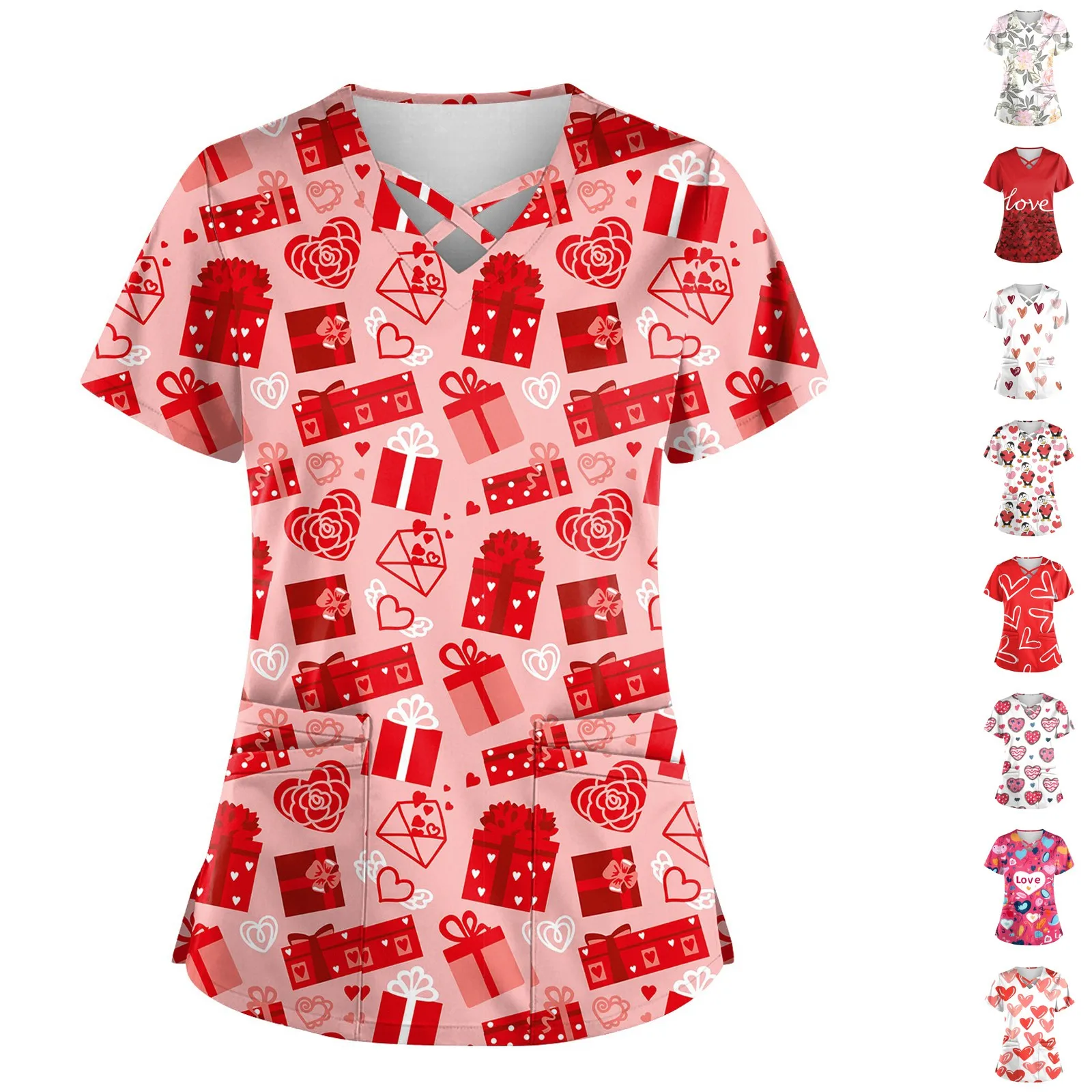 

Женская рабочая форма с принтом на День святого Валентина, защитная Рабочая форма с V-образным вырезом и карманами, уникальные удобные женские рубашки