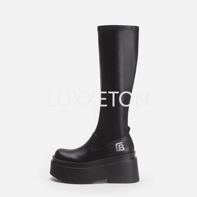 

2023 New Winter Chunky Platform Heels Long Boots Round Toe Zipper Thick Sole Ladies Fashion Winter Women's Knee High Boots