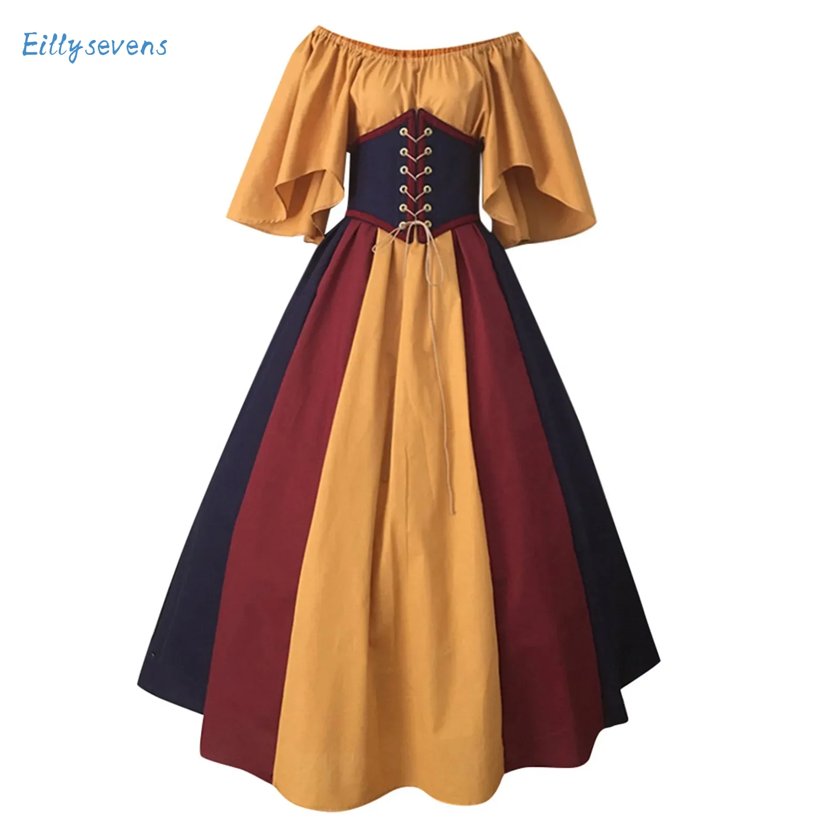 

Women Retro Style Splicing Gown Off The Shoulders Classic All-Match Cosplay Dresses Girdle Flowy Big Hem Party Long Dress