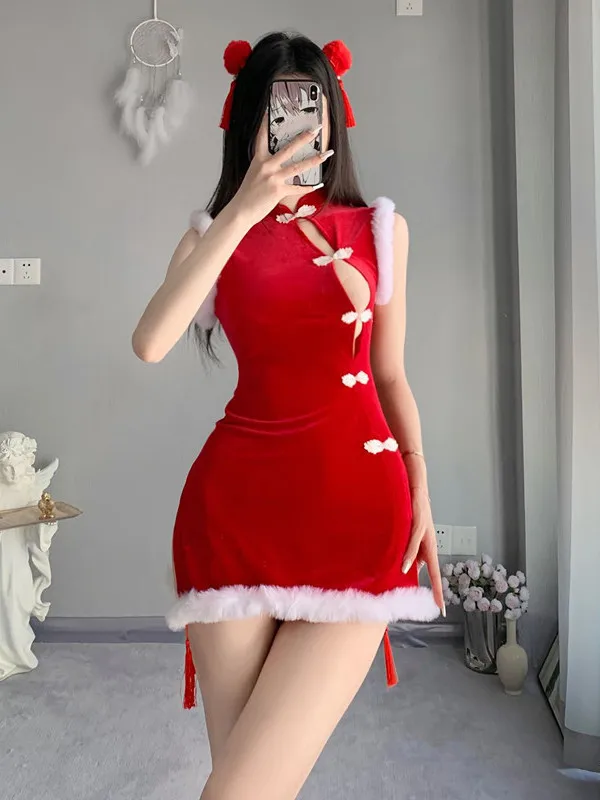 

Fun Velvet Christmas Cheongsam Sheer Dress Sexy Rabbit Girl Role Playing Red Hollow Out Retro Unique Design Slim Skinny AXFQ