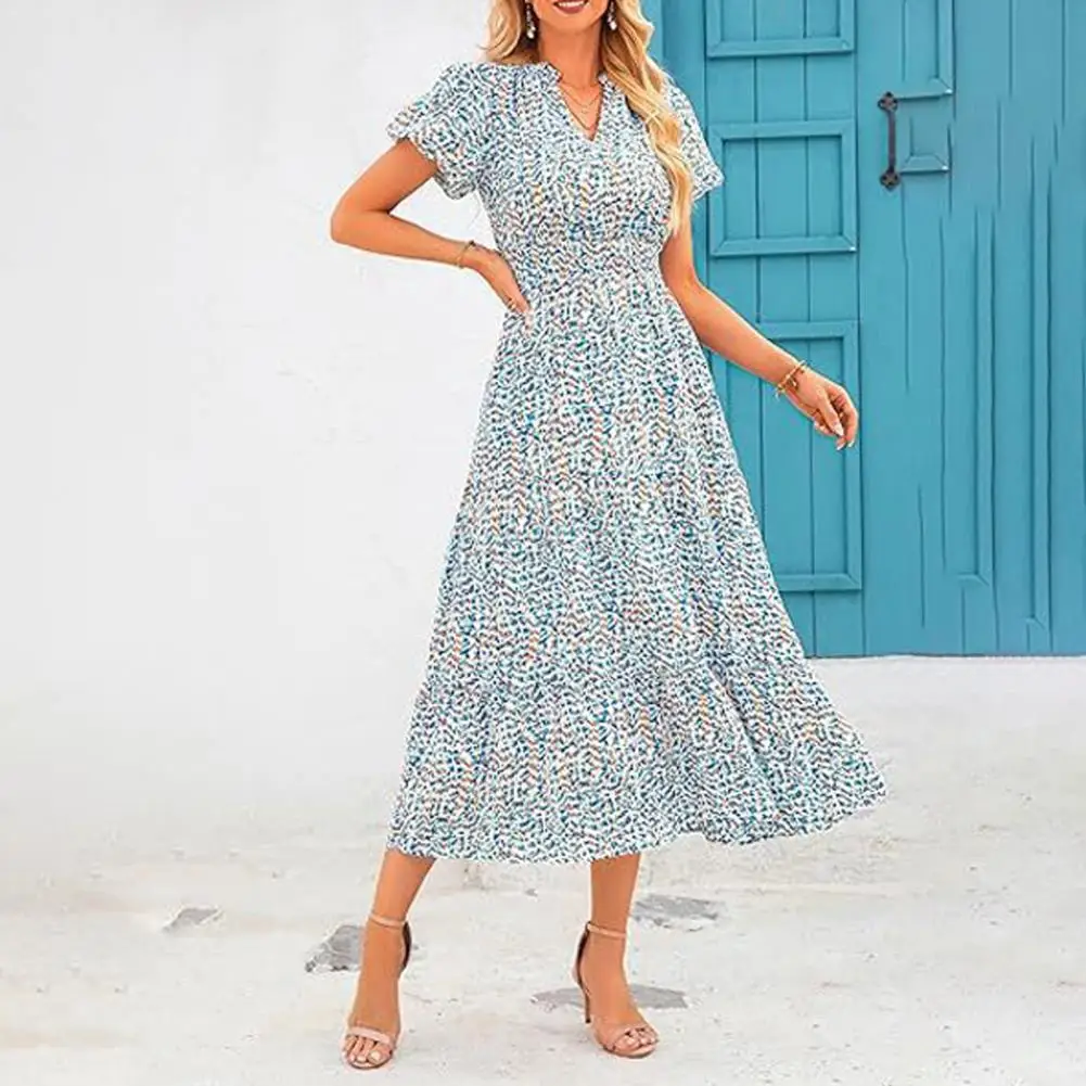 

Women Printed Dress Floral Print V-neck Midi Dress For Women Summer A-line Swing Dress With Bubble Sleeves High For Vacation