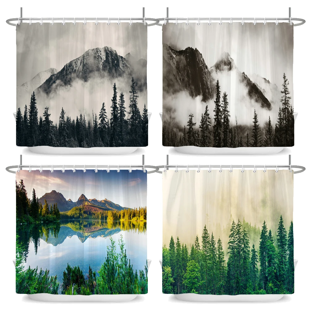 

Misty Forest Scenery Shower Curtain Landscape 3D Green Plant Waterproof Polyester Bathroom Curtains Bath Screen Decoration