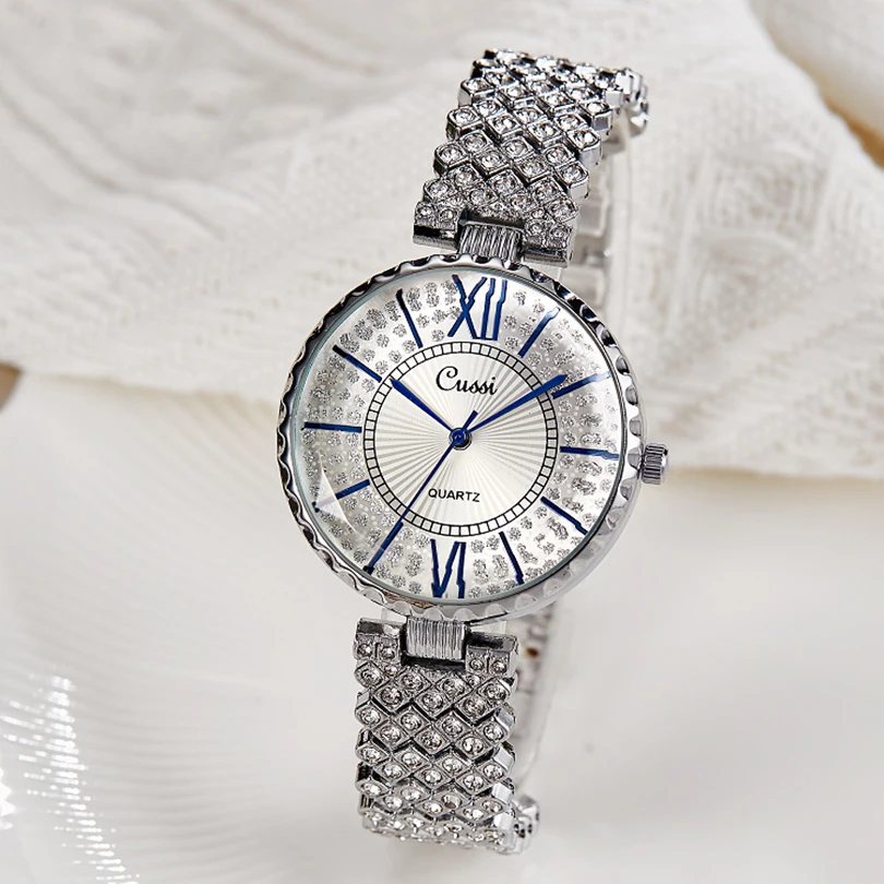 

Gold Sliver Glass Face Watch Women Quartz Wristwatch Simple White Dial Roman Numerals Clock Niche Diamond Stainless Steel Reloj