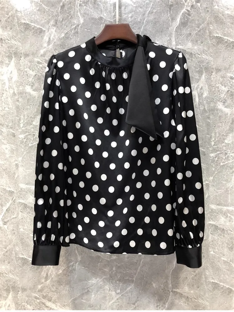 

Bow Tie Elegant Blouse Shirts 2024 Spring Summer Luxurious Silk Women Polka Dot Prints Long Sleeve White Black Vintage Blouses