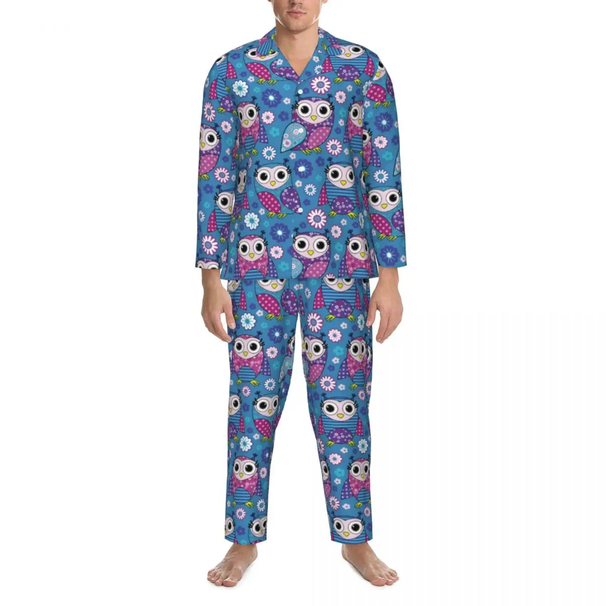 

Multicolored Owl Pajama Set Cute Animal Print Kawaii Sleepwear Men Long Sleeve Casual Night 2 Pieces Nightwear Big Size XL 2XL