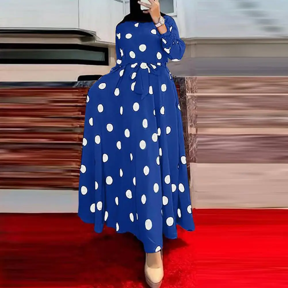 

A-line Silhouette Dress Vintage-inspired Polka Dot Maxi Dress with Belted High Waist Ankle-length Hem for Fall Spring Women's