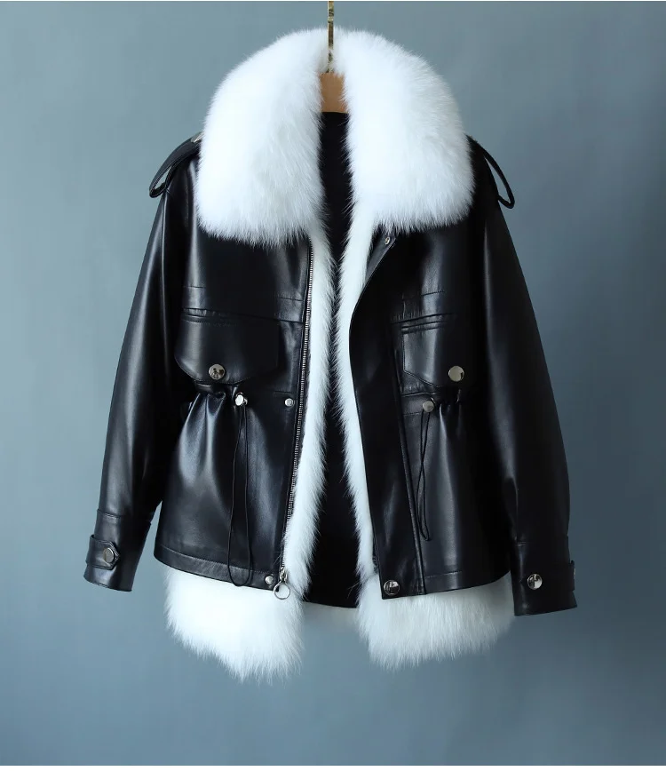 

2024 New Genuine Leather Jacket Women Winter Sheepskin Coat Female 90% White Duck Down Jackets Fox Fur Collar Abrigo Mujer