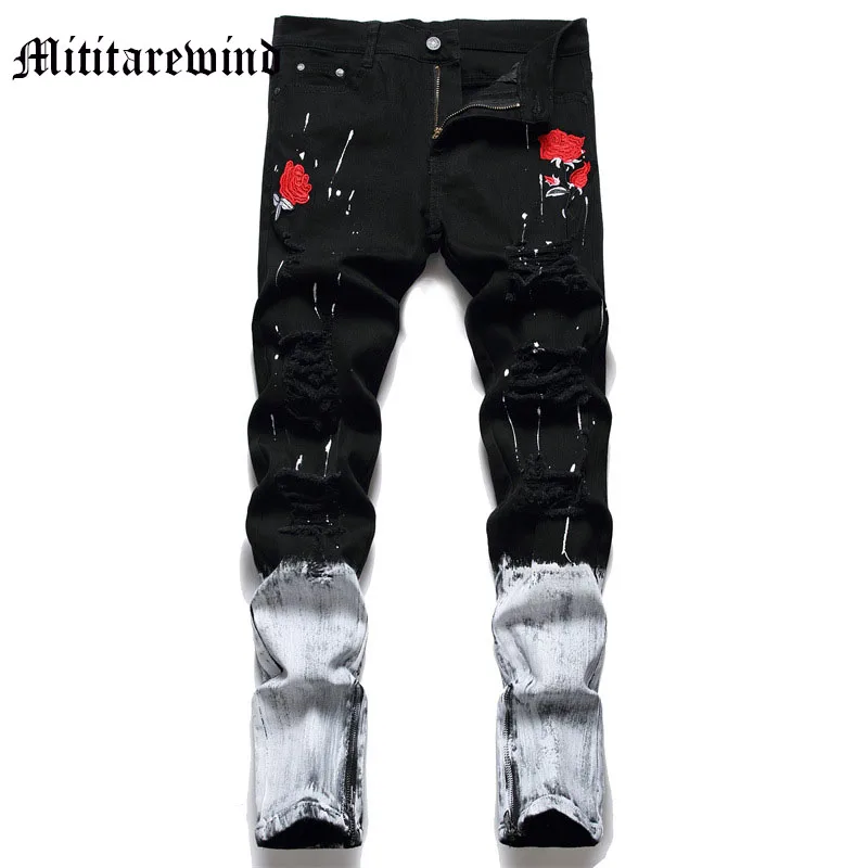 

Summer High Street Men's Jeans Rose Embroidery Spliced Black And White Y2k Hip Hop Pants Streetwear Splash Ink Casual Mid Waist