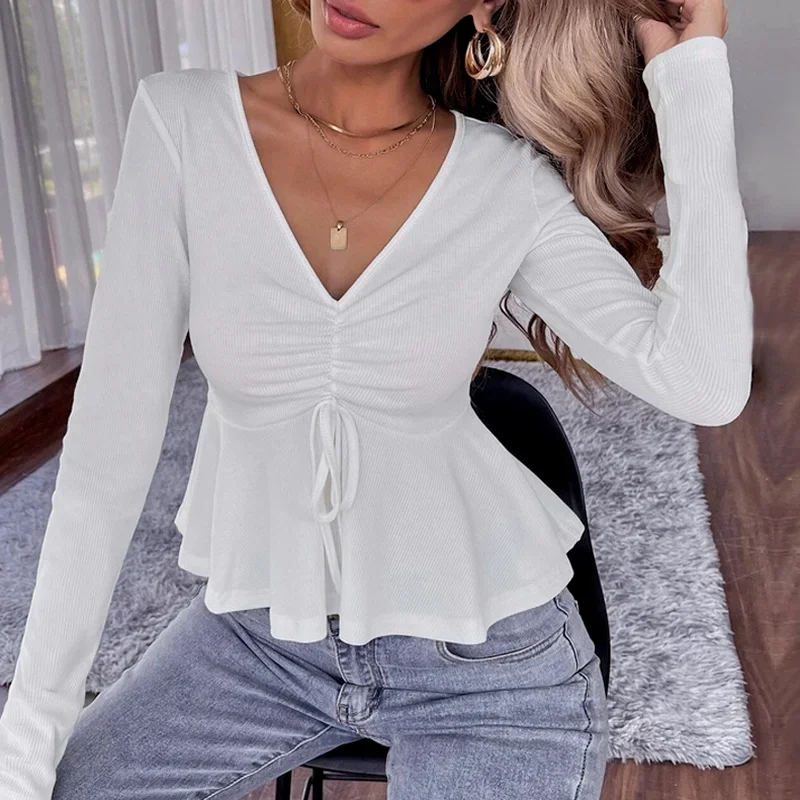 Fall/Winter 2023 Women's V-neck Pleated Ruffled Waist Knitted Long-sleeved T-shirt Women's Slim-fit Pullover Top GraphicT Shirts
Fall/Winter 2023 Women's V-neck Pleated Ruffled Waist Knitted Long-sleeved T-shirt Women's Slim-fit Pullover Top GraphicT Shirts