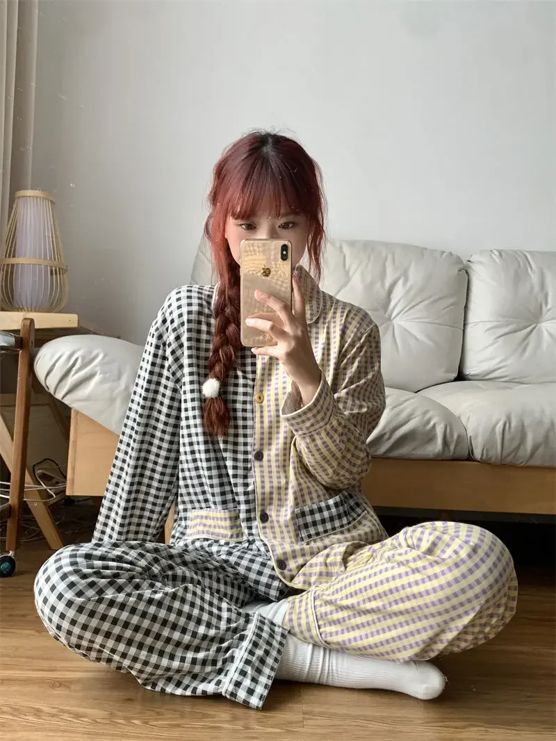 

Collision splicing plaid long-sleeved pajamas female spring and autumn models new models can be worn outside the home clothing