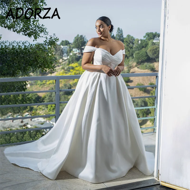 

ADORZA Plus Size Wedding Dress Boho Ruched Satin Sweetheart Bridal Gown Off-the-shoulder Court Train Vestido De Noiva for Bride