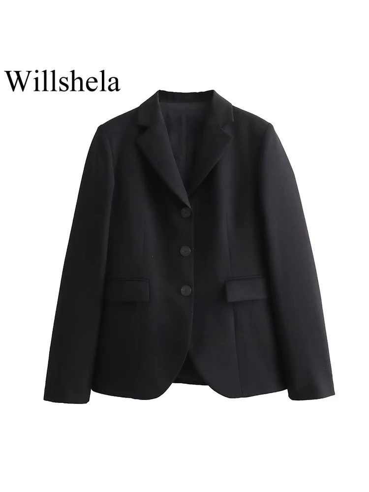 

Willshela Women Fashion With Pockets Black Single Breasted Blazer Vintage Notched Neck Long Sleeves Female Chic Lady Outfits