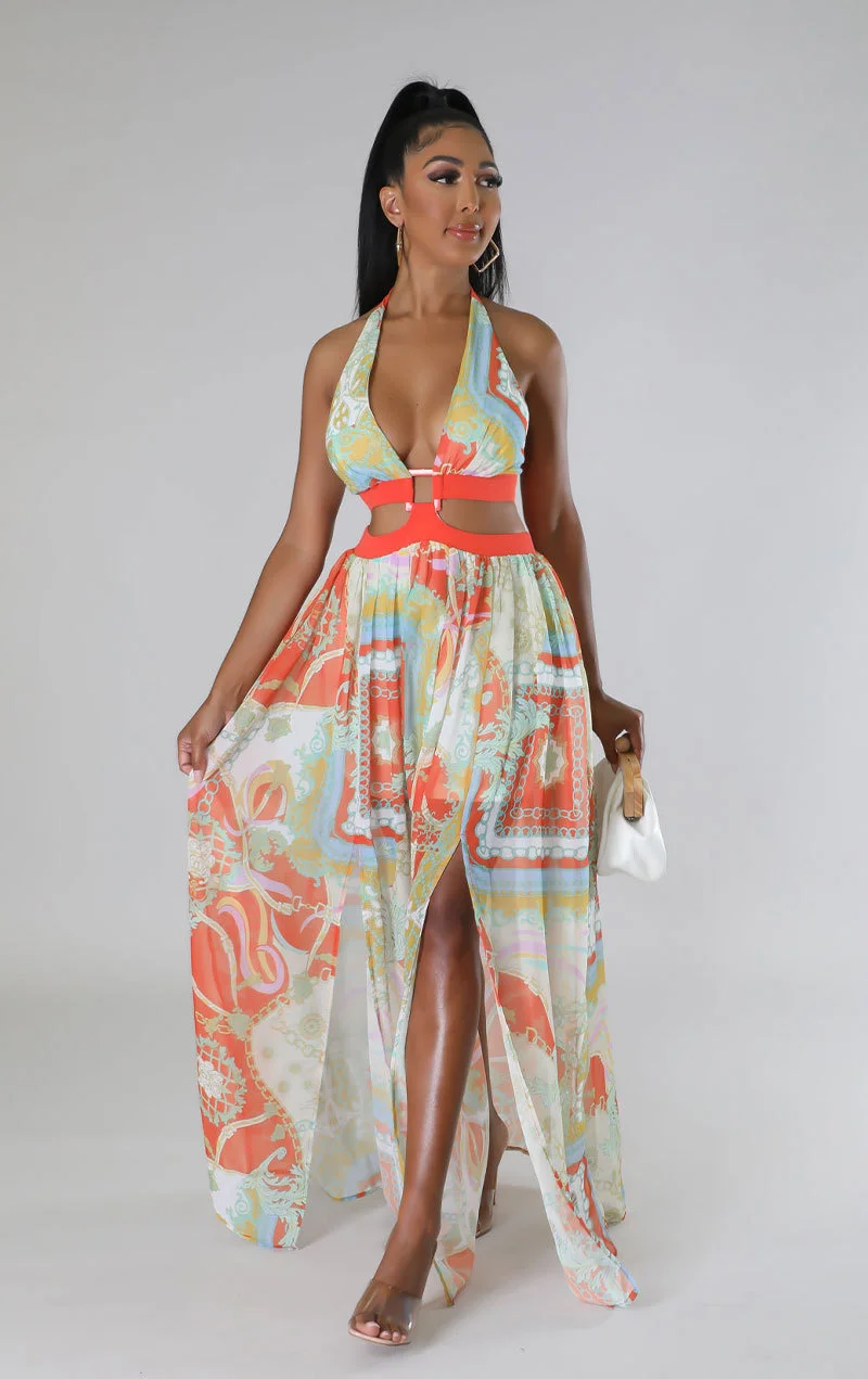 

WUHE Holiday Beach Print Women Dress 2023 Summer Halter Neck Cutout Backless Big Swing Maxi Long Sexy Party Dresses