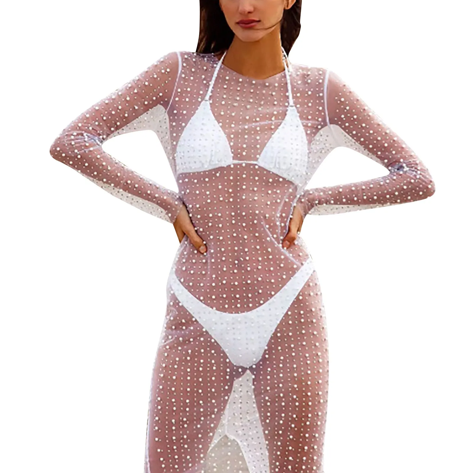 

Women'S Mesh Dress Daily Date Casual Round Neck Long Sleeve Dress Sexy See-Through Beach Long Dress With Pearl Decoration