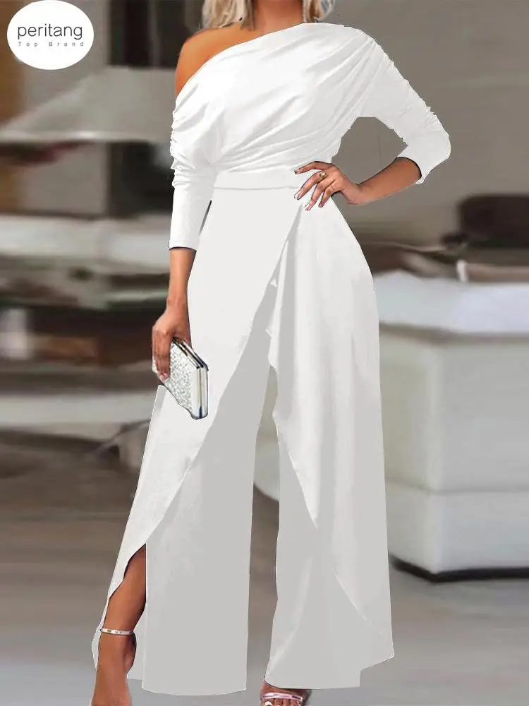 

PERITANG Elegant Jumpsuits Women Spring New Ruched Cold Shoulder Sexy Slit Wide Leg Jumpsuit Office Lady solid Party Jumpsuit