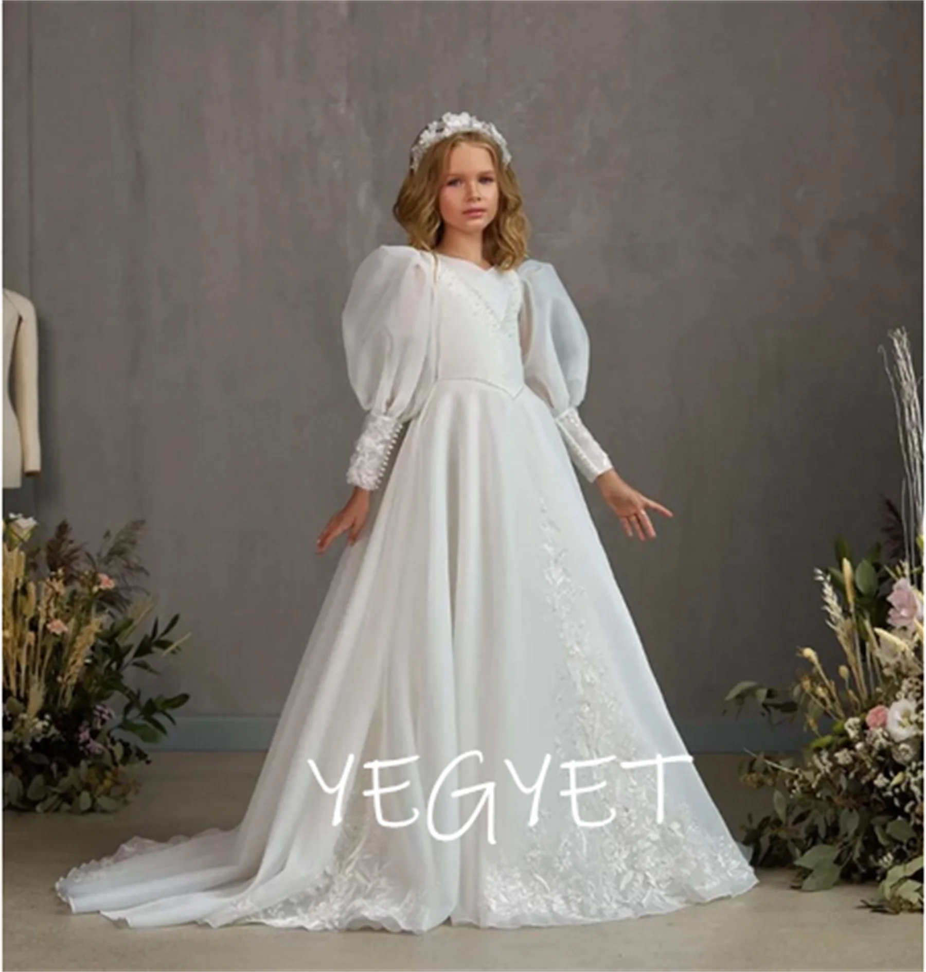 

Ivory White Organza Puff Sleeve First Communion Gown With Bead Detail Princess Wedding Flower Girl Dress Pageant Gown