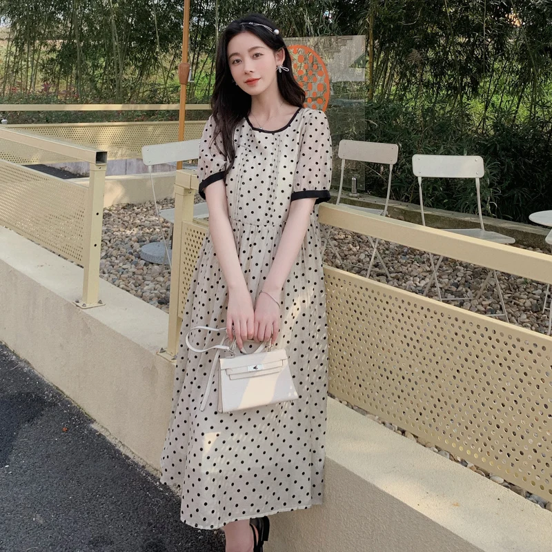 

Korean Style Short Sleeve O-Neck Maternity Dress Summer Sweet Polka Dot Pregnant Woman Chiffon Dress With Lining Pregnancy Dress