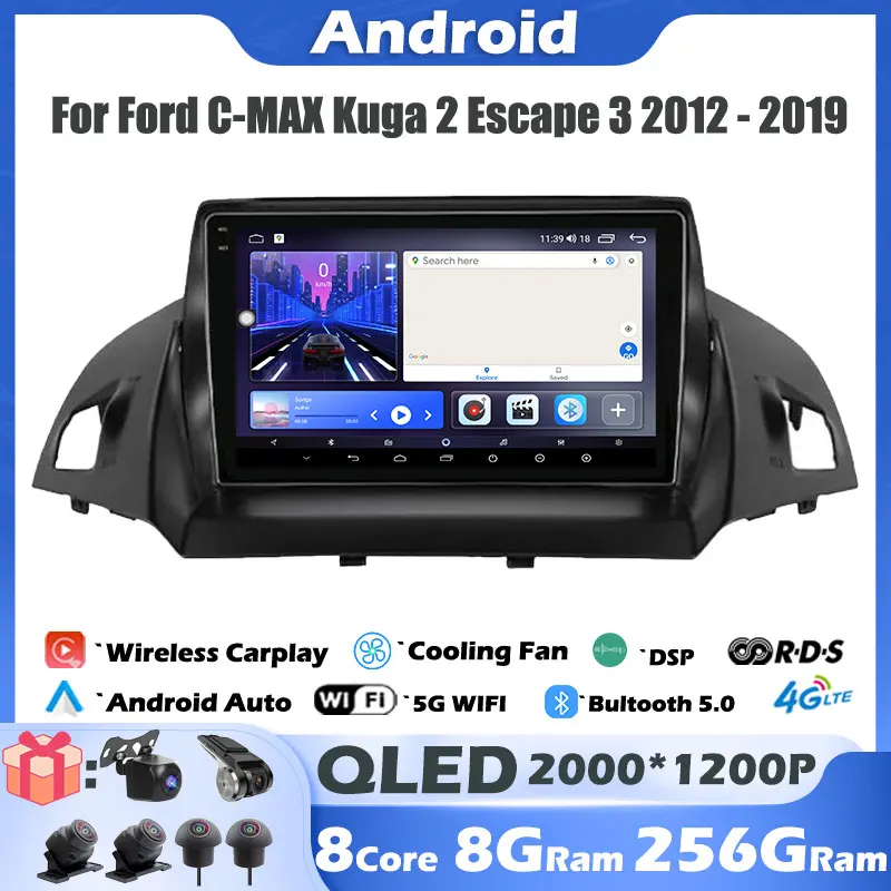 

IPS/QLED For Ford C-MAX Kuga 2 Escape 3 2012 - 2019 Android 13 Car Radio Multimedia Player Navigation GPS Carplay Head Unit 4G