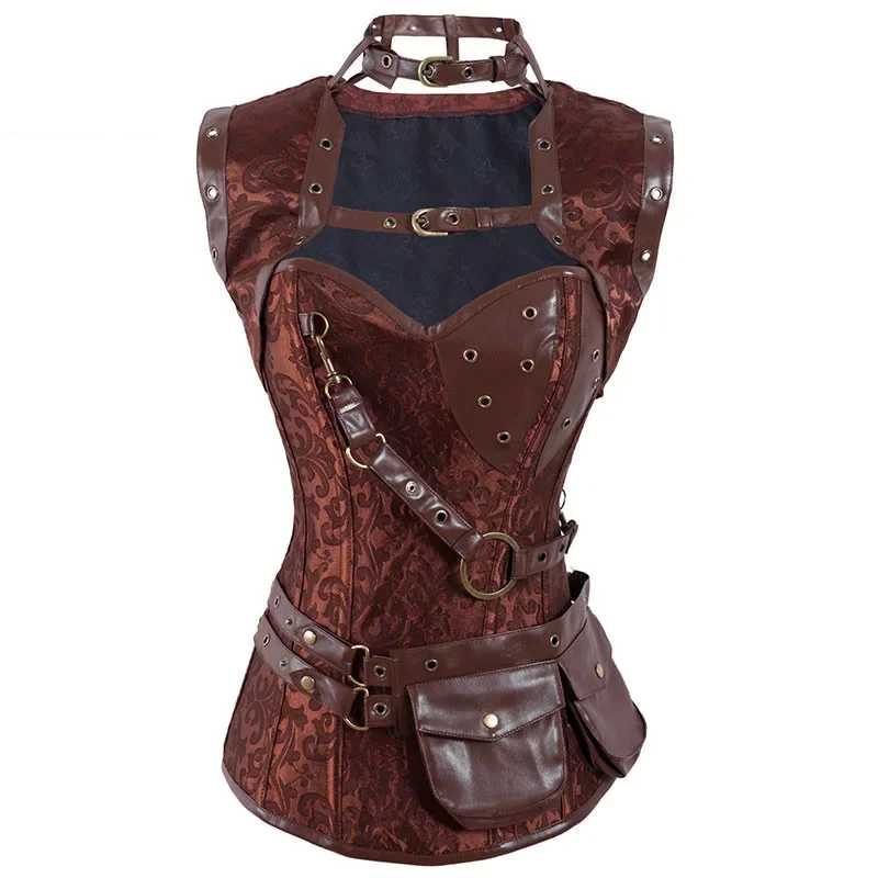 

Steampunk Corsets and Bustiers Plus Size Jacquard Leather Corset Steel Bone Spiral Tops Gothic Pirate Vintage Outerwear Clothing