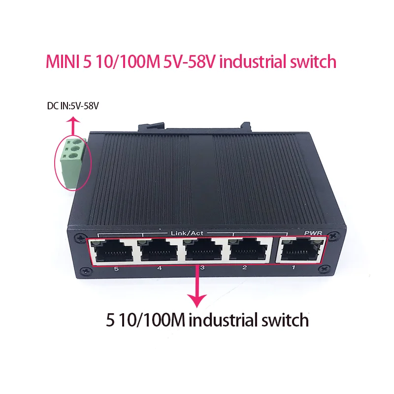 

Unmanaged MINI 5port 10/100M 5V-58V 5port 100M port industrial ethernet switch Lightning protection 4KV, anti-static 4KV