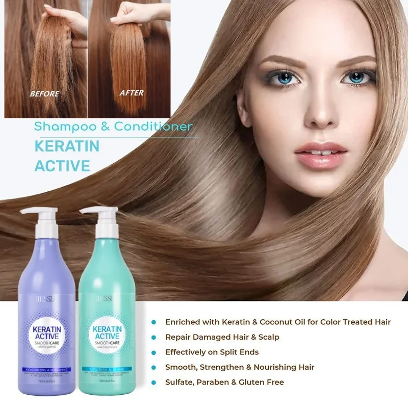 

730ml Keratin Active Shampoo Conditioner Collagen for Dry Damaged,Fizzy Color Treated Smooths Hair Thickening Repair Hair Care