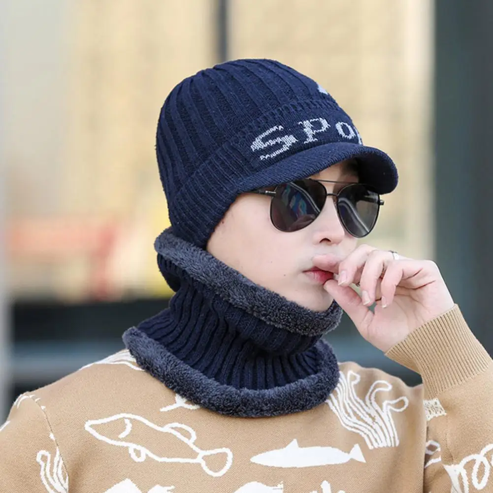 

Cozy Hat Scarf Set Winter Letter Print Men Hat Scarf Set Cozy Fleece Lined Knitted Accessories for Outdoor Warmth Style