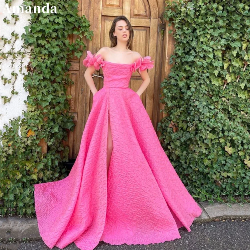 

Amanda Hot Pink Off Shoulder A-line Prom Dress Spaghetti Strap Taffeta فستان حفلات الزفاف Sweet Puffy Sleeve vestidos de festa