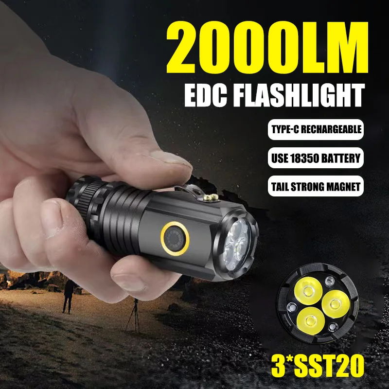 

Мощный миниатюрный светодиодный фонарик для повседневного использования, 2000 лм, суперъяркий брелок для ключей, Usb аккумуляторный фонарь для кемпинга с индикатором питания