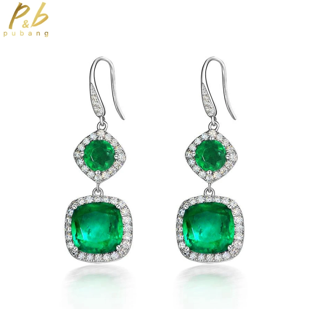 

PuBang Fine Jewelry 925 Sterling Silver Cocktail Stud Earrings Emerald Green Gem Created Moissanite for Women Gift Drop Shipping