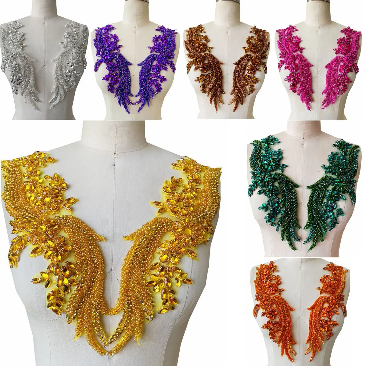 

Handmade rhinestones lace applique handsewing beads sequins trimming patches for dress clothing accessories more colour