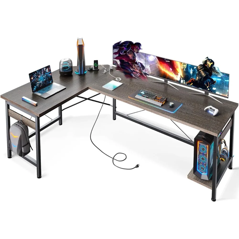 

66” L Shaped Gaming Desk With Outlet Computer Tables Grey Oak Home Office Desk Laptop Table Bed Furniture for Room Mesa Pc Desks