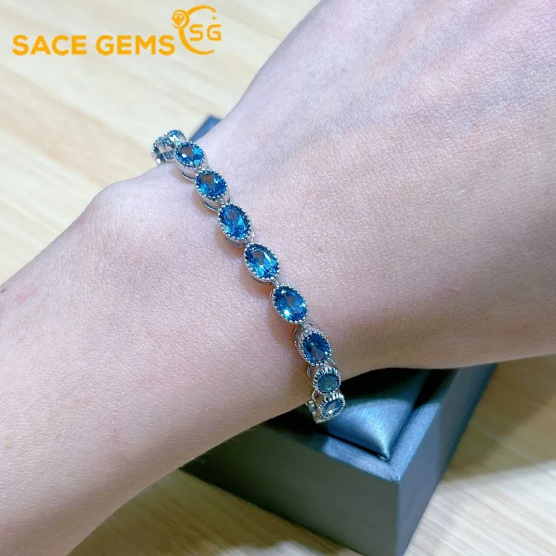 

SACEGEMS 925 Sterling Silver 4*6MM Natural London Blue Topaz Gemstone Bracelrts for Women Engagement Cocktail Party Fine Jewelry