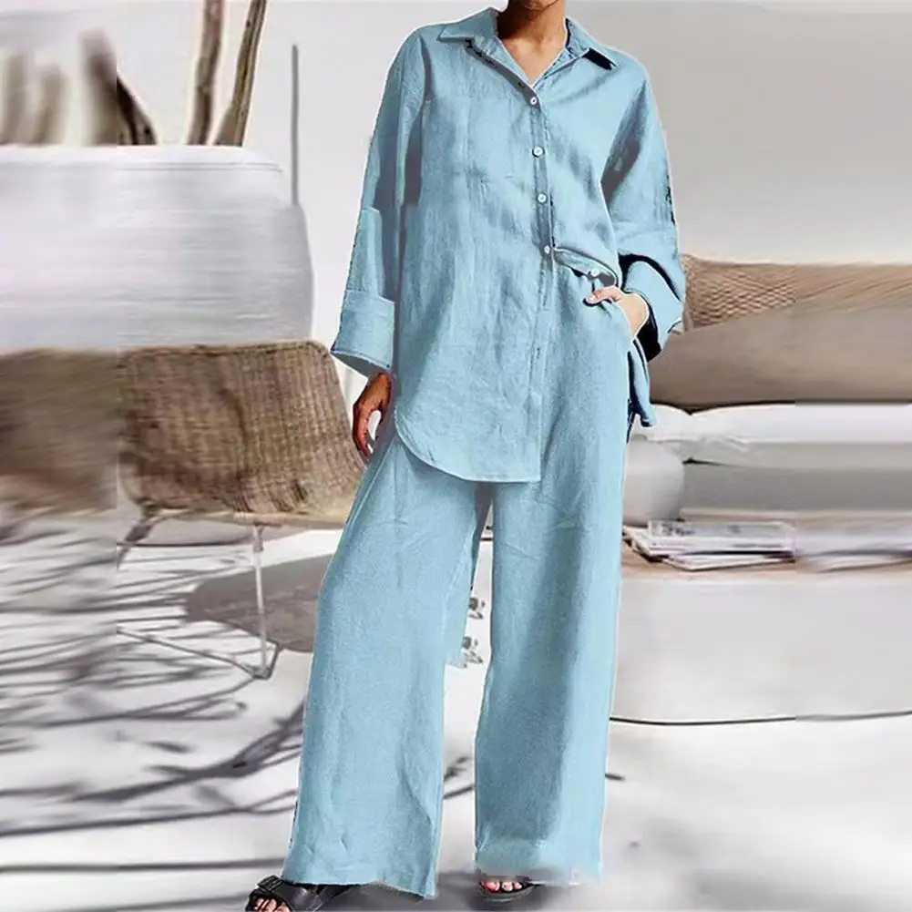 Элегантный женский комплект из рубашки и брюк с широкими штанинами и отложным воротником, Топ с длинным рукавом и широкие штанины с эластичным поясом для поездок
Элегантный женский комплект из рубашки и брюк с широкими штанинами и отложным воротником, Топ с длинным рукавом и широкие штанины с эластичным поясом для поездок