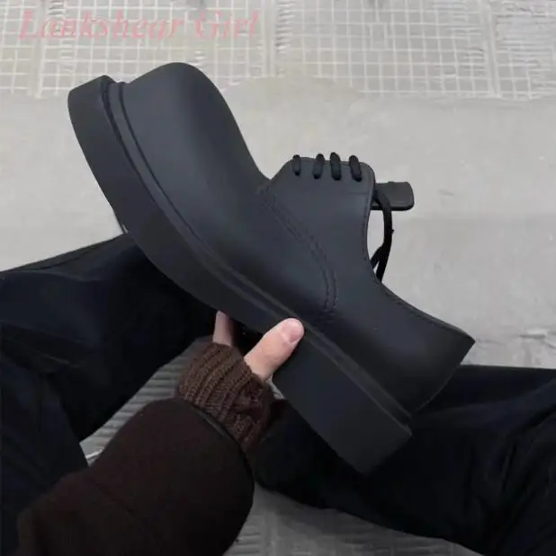 

Hot Sales Men's and Women's Same Style Big Head Derby Leather Shoes Spring Summer Lace-Up Round Toe Thick Heel Flatforms Shoes