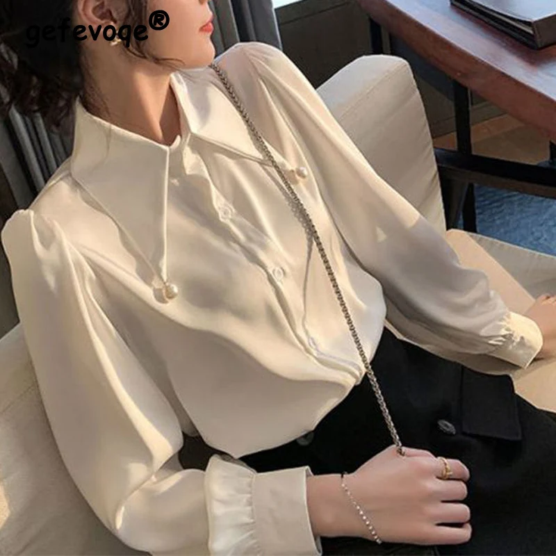 

Black White Elegant Chic Beads Pointed Collar Office Lady Shirt Spring Autumn Fashion Loose Long Sleeve Blouse Top Women Blusas