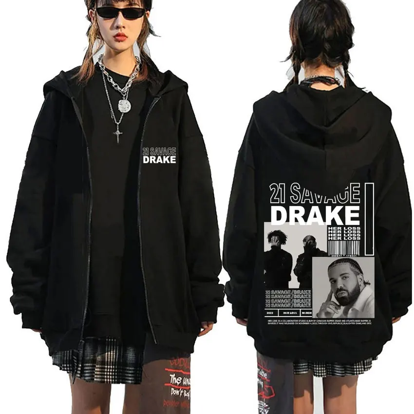 

Rapper Drake 21 Savage Her Loss Music Album Print Zipper Hoodie Men Women Fashion Hip Hop Zip Up Jacket Male Casual Sweatshirt
